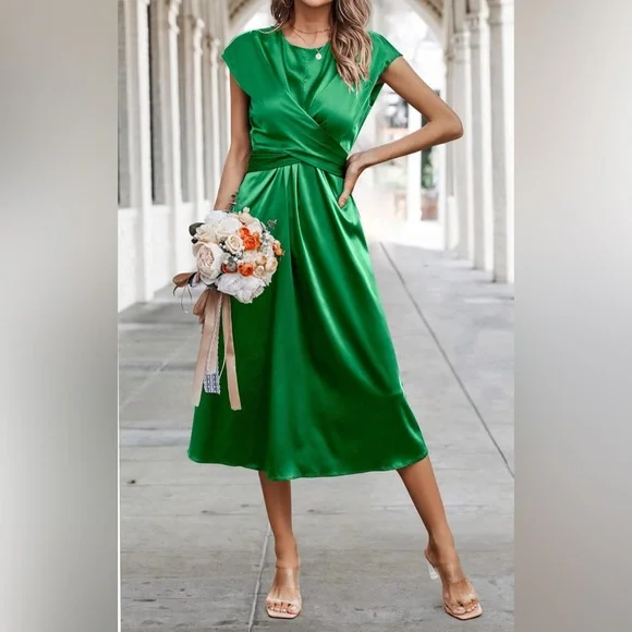 Angashion Kelly Green Satin Dress Sleeveless Cross Front Midi Dress Size Large - Picture 2 of 14